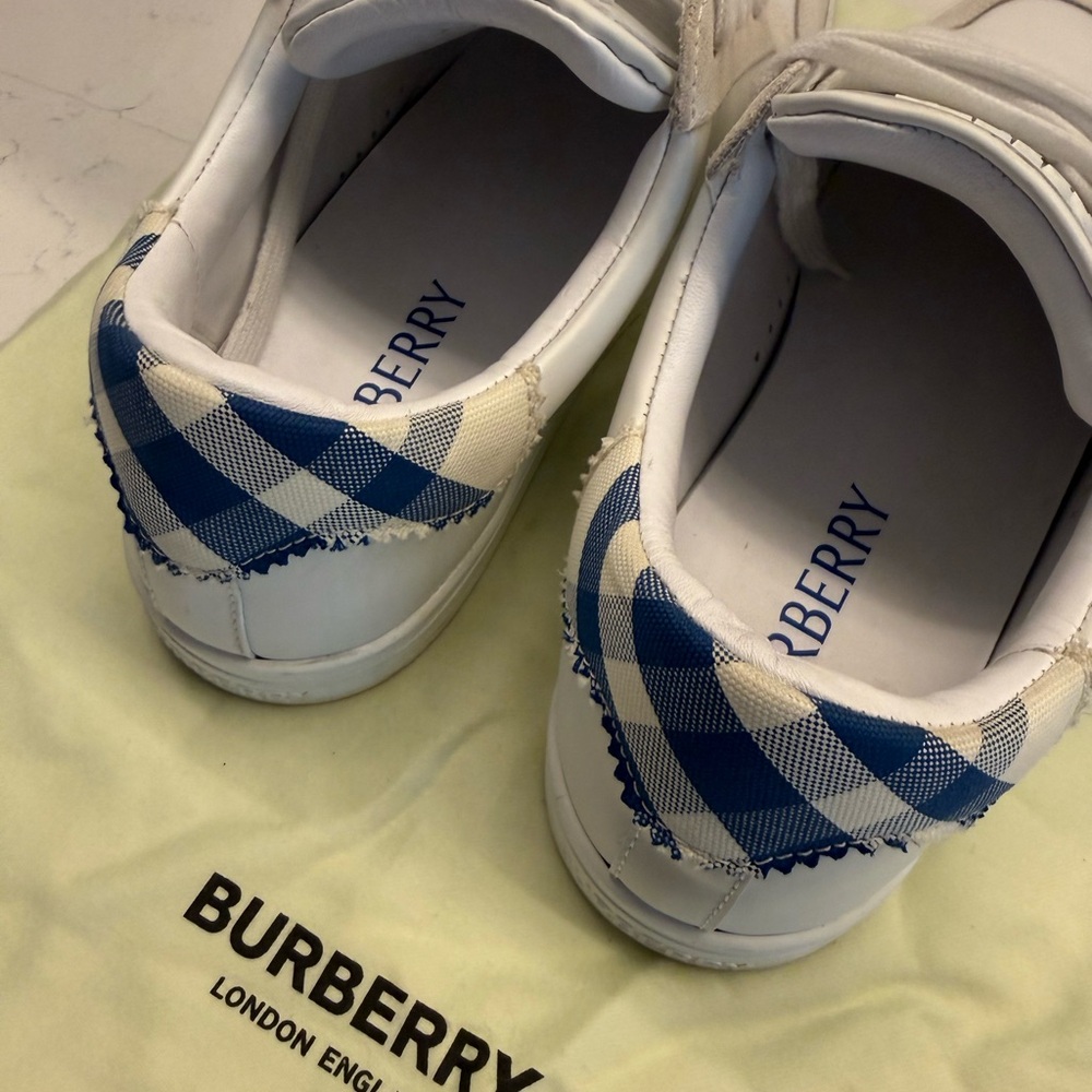 Burberry White Leather Sneakers with Blue Check Heel - Picture 4 of 5